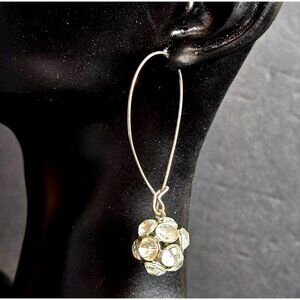 Vintage Rhinestone Ball Drop Earrings Silver Tone Long Wire Dangle 2"